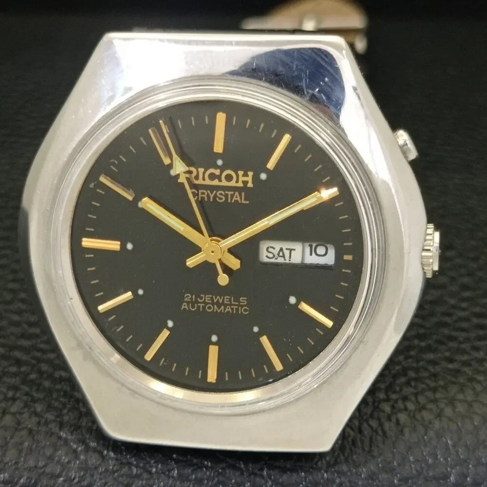 Vintage 1990 Ricoh Automatic Mens Silver Watch W/daydate & Gold accents